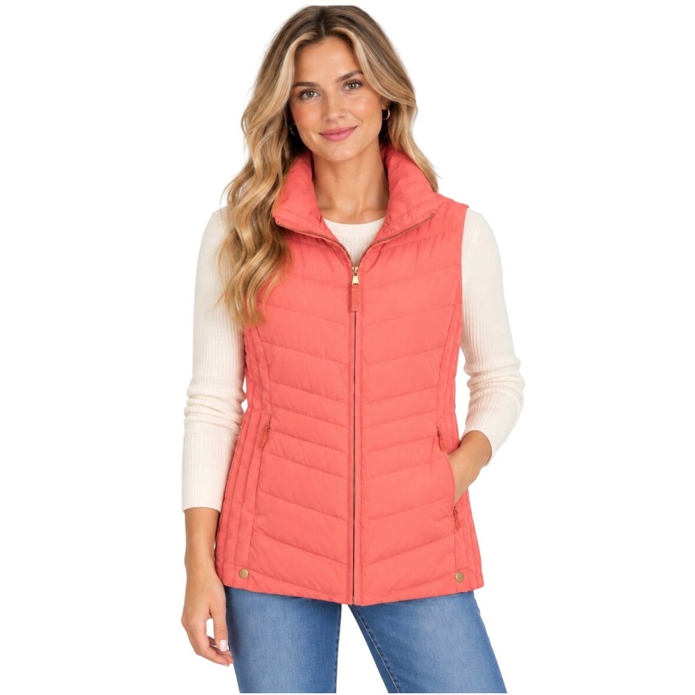Talbots Puffer Vest Coral Pink Quilted Down Fill Sleeveless Jacket Womens Size M